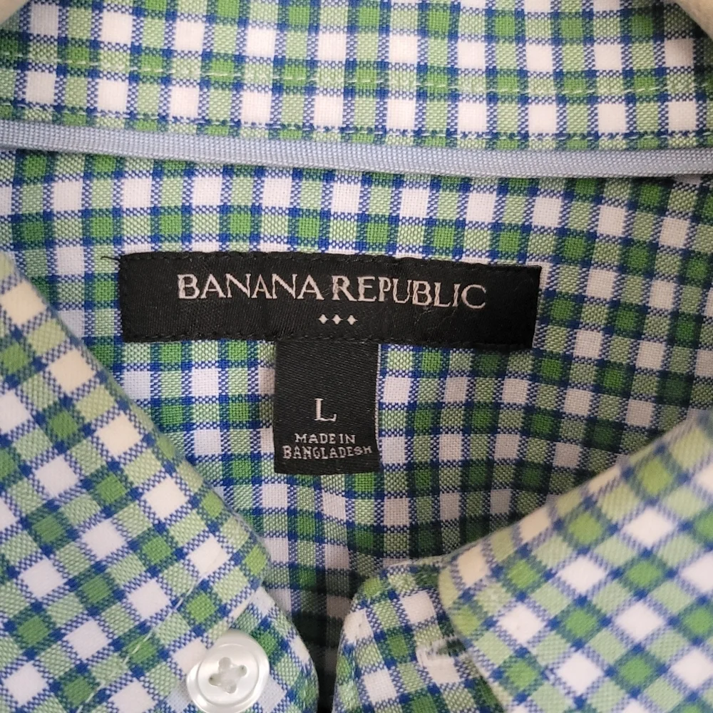 Banana Republic Shirt Mens L Large Green Blue Plaid Button Up Long Sleeve